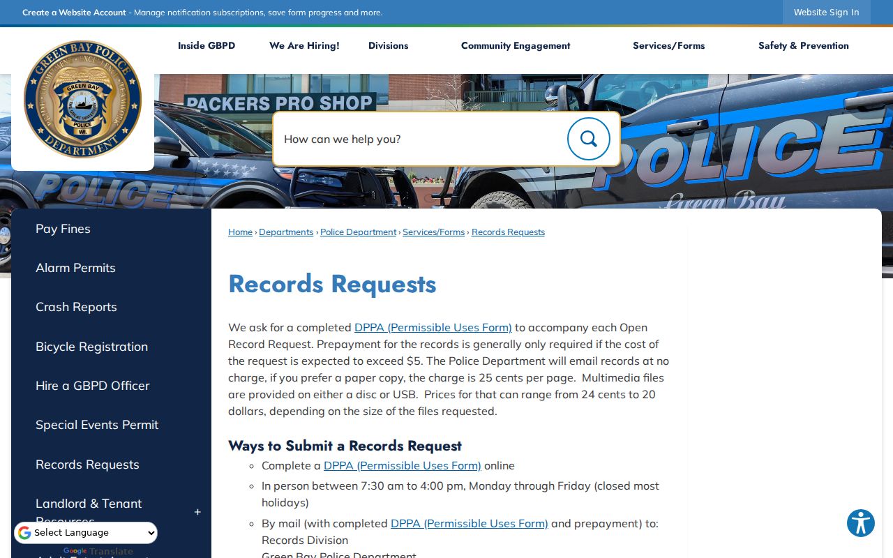 Green Bay Police Brown County arrest records request page