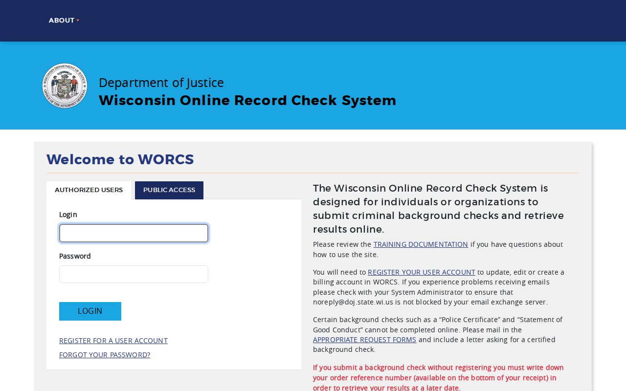 Brown County criminal history WORCS request screen